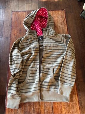 Volcom Kids Olive Striped Zip Hoodie with Pink Polka Dot Lining